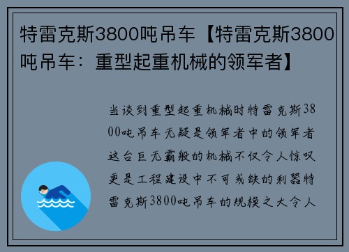 特雷克斯3800吨吊车【特雷克斯3800吨吊车：重型起重机械的领军者】